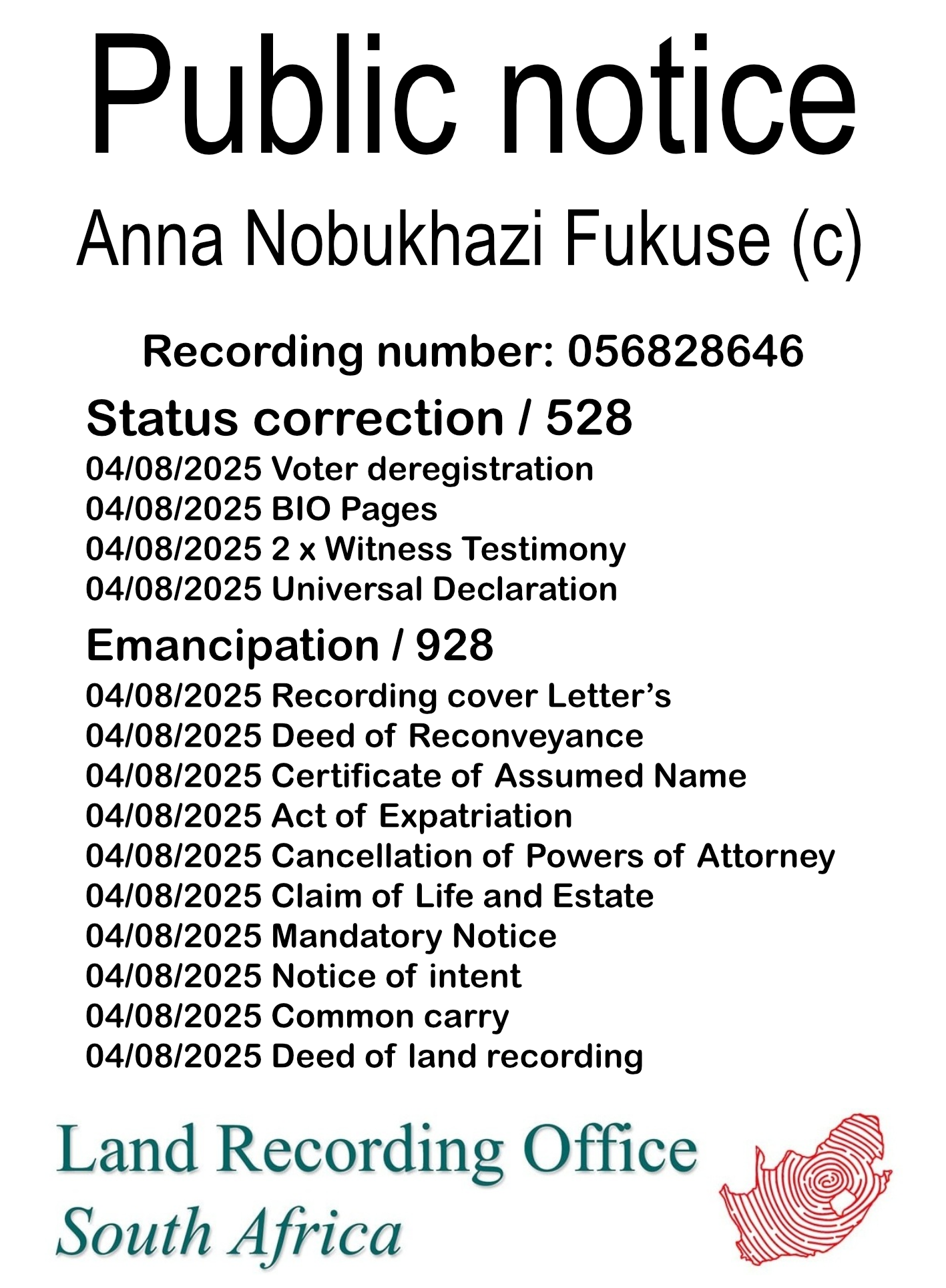 Public notice Anna Nobukhazi Fukuse Recording number 056828646